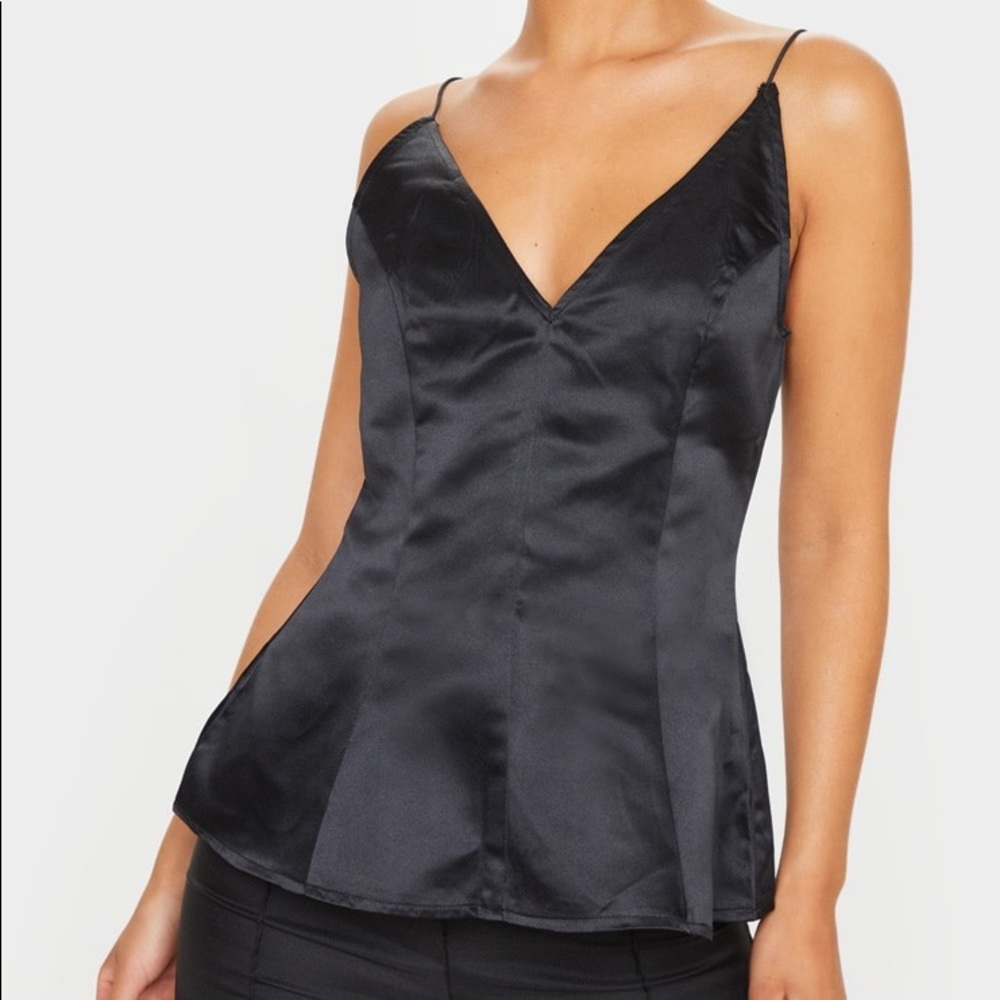 PrettyLittleThing Black Satin Spaghetti Strap Top